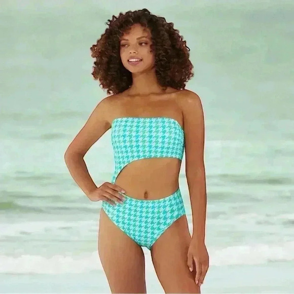 Ninety-Nine° Junior's M Bandeau Cutout One-Piece Swimsuit NEW Happy Houndstooth - Picture 5 of 5